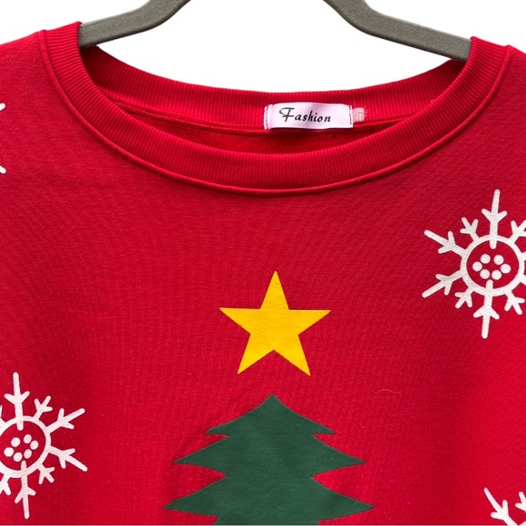 Christmas Tree & Snowflake Fleece Lined Red Crew Neck Sweatshirt - Picture 3 of 8